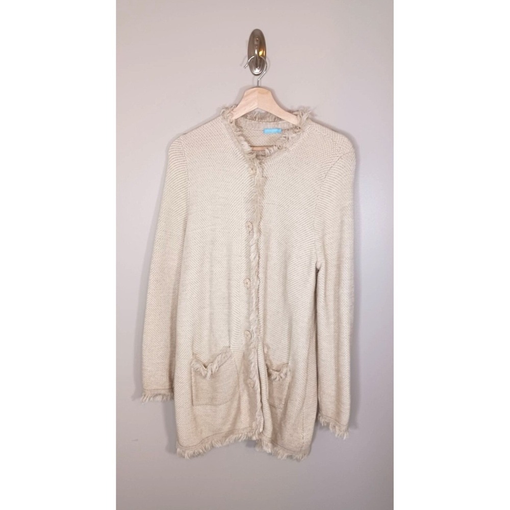 J McLaughlin Fringe Cardigan Button Front Coastal Western Sweater Women M
